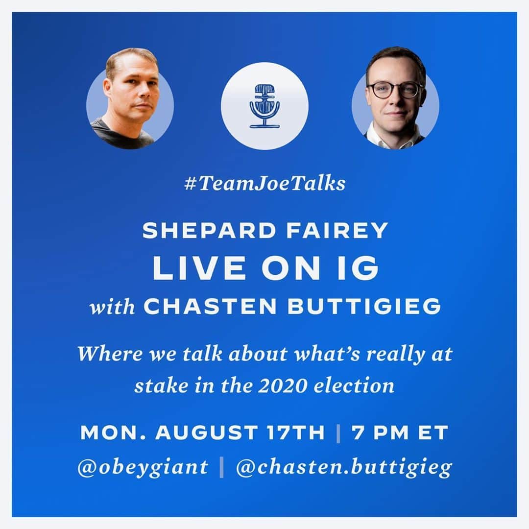 Shepard Faireyのインスタグラム：「I'm looking forward to speaking with @chasten.buttigieg for the upcoming  #TeamJoeTalks @joebiden this Monday, August 17, at 4pm PT / 7pm ET. We'll be talking about the issues we care about and the progress that we hope to see for the future.」