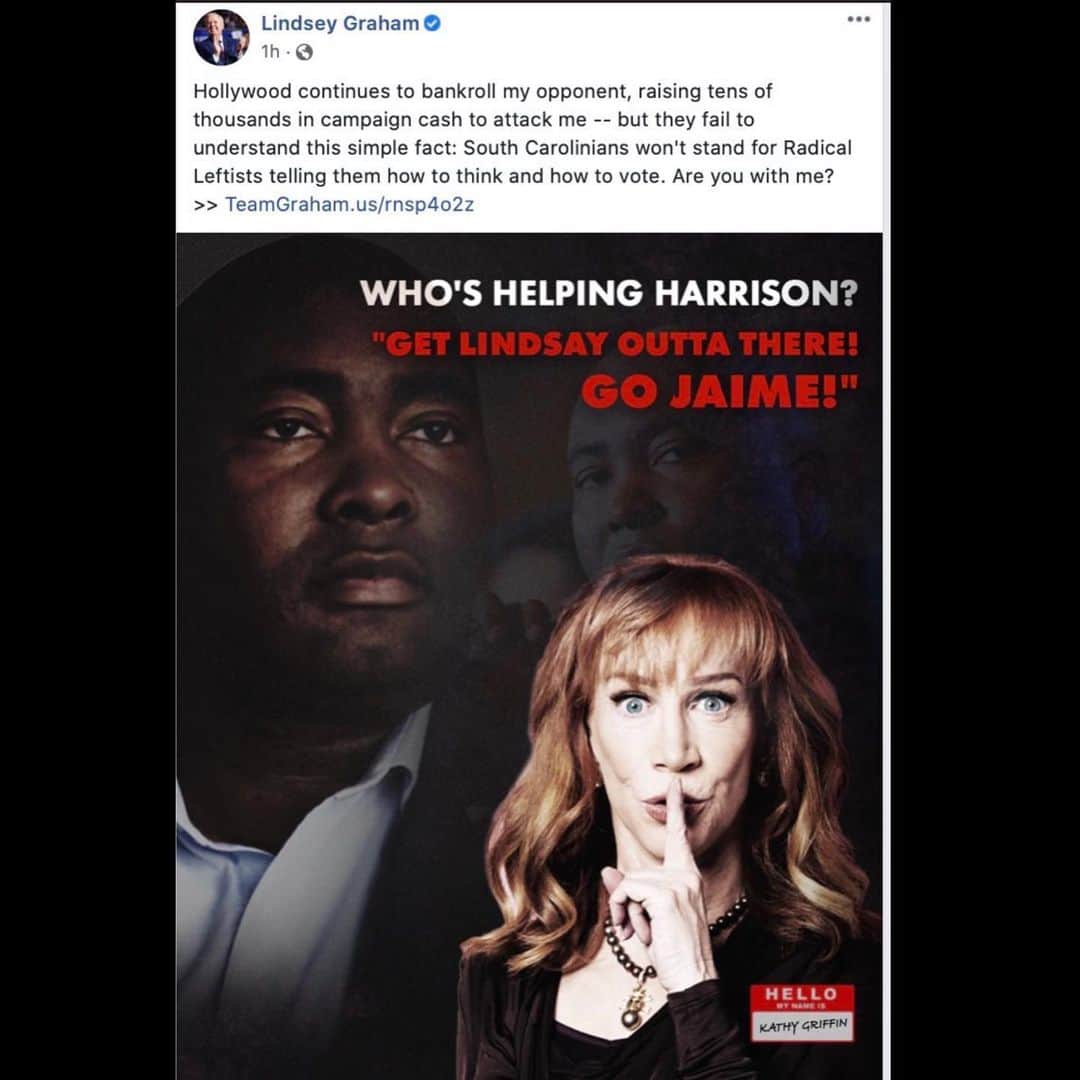 キャシー・グリフィンのインスタグラム：「SC incumbent racist senator #lindseygraham put me in his latest FB ad.  also engaged in some old-school southern face darkening I just challenger, Mr. #jaimeharrison  What are you going to do about it, #southcarolina?」