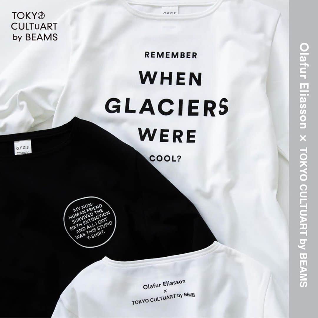 G.F.G.S.さんのインスタグラム写真 - (G.F.G.S.Instagram)「＜Olafur Eliasson × TOKYO CULTUART by BEAMS＞  コラボレート商品販売のお知らせ  こちらの商品はG.F.G.S.のペットボトルを原料としたリサイクルポリエステル糸100%のボディを使用していただきました。  Tシャツより肉厚で、ハリと伸縮性のあるカットソー素材は独特な表情です。 またグラフィックは、オラファー・エリアソンからのメッセージ２種を、ロンドンベースのアートディレクター、ピーター・スティットソン（Peter Stitson）がデザイン。PVCフリーのインクでプリントしています。   モデル① メッセージ：My non-human friend survived the sixth extinction and all I got was this stupid T-shirt（６度の大絶滅を生きながらえた“非ヒト動物”の友達からのお土産は、このつまらないTシャツだった） 色：２色展開（白、黒） サイズ：４サイズ展開　／　２（S）、３（M）、４（L）、５（XL） 価格：12,000円（＋税）   モデル② メッセージ：Remember when glaciers were cool?（氷河ってクールだったよね？） 色：２色展開（白、黒） サイズ：４サイズ展開　／　２（S）、３（M）、４（L）、５（XL） 価格：12,000円（＋税）   発売日 7月25日（土）   販売店舗リスト ナディッフ コンテンポラリィ（NADiff contemporary） 　東京都江東区三好4-1-1 東京都現代美術館1F  トーキョーカルチャートby ビームス（TOKYO CULTUART by BEAMS） 　東京都渋谷区神宮前3-24-7 3F  ビームス ジャパン（BEAMS JAPAN） 　東京都新宿区新宿3-32-6  ビームス ジャパン 渋谷（BEAMS JAPAN SHIBUYA） 東京都渋谷区道玄坂1-2-3 東急プラザ2F  ビームス ジャパン 京都（BEAMS JAPAN KYOTO） 京都府京都市中京区烏丸通姉小路下ル場之町586-2 新風館1F  ビームス公式オンラインショップ   プロジェクトについて BEAMSにてアート、デザイン、カルチャーを発信するレーベル＜トーキョー カルチャート by ビームス（TOKYO CULTUART by BEAMS）＞は、デンマーク・コペンハーゲン出身の現代アーティスト、オラファー・エリアソン（Olafur Eliasson）の理念に共感し、2020年6月9日から東京都現代美術館で開催中の展覧会『オラファー・エリアソン ときに川は橋となる（Olafur Eliasson: Sometimes the river is the bridge）』に合わせて、作家とのコラボレート商品を販売します。   アートを介したサステナブルな世界の実現に向けた試みで国際的な評価を得てきたオラファー・エリアソンは、同展覧会にて再生可能なエネルギーへの関心と気候変動への働きかけを、作品を通じて表現しています。   今回のコラボレート商品開発は、１人あたりの使い捨てプラスチックの廃棄量が世界２位の日本*において、オラファー・エリアソンからのリクエストにより、ペットボトル再生原料を使用したリサイクルポリエステル糸100%のシャツに、環境負荷や人体への影響が強いとされるPVC（ポリ塩化ビニル）を不使用のインクで、本人のメッセージをプリントしました。グラフィックデザインはアートディレクター、ピーター・スティットソン（Peter Stitson）が担当しています。   本プロジェクトは、オラファー・エリアソンの理念や展覧会がより多くの方々に認知されることを目的に、東京都現代美術館のミュージアムショップ「ナディッフ コンテンポラリィ（NADiff contemporary）」と連携した、スタジオ・オラファー・エリアソン公認の取り組みです。　  展覧会情報 ・タイトル 　『オラファー・エリアソン ときに川は橋となる（Olafur Eliasson: Sometimes the river is the bridge）』   ・会場 　東京都現代美術館 企画展示室 地下2F 　東京都江東区三好4-1-1   ・会期 　2020年6月9日（火） - 9月27日（日）   ・休館日 　月曜日（8月10日、9月21日は開館）、8月11日（火）、9月23日（水）   ・開館時間 　10:00 – 18:00（展示室入場は閉館の30分前まで）   ・URL 　https://www.mot-art-museum.jp/exhibitions/olafur-eliasson/  #beams #tokyoculturetbybeams #beamsjapan #olafureliasson  #オラファーエリアソン #オラファーエリアソンときに川は橋となる #gfgs #東京都現代美術館」7月24日 13時57分 - gfgs