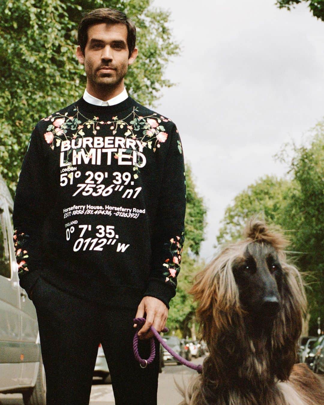 のインスタグラム：「Mike, Community & Influence, De Beauvoir . Our Spring/Summer 2021 pre-collection lookbook celebrates Thomas Burberry’s legacy of discovery and the outdoors, featuring our #Burberry community . Mike wears a montage print sweatshirt and resin-pearl embellished shirt with grain de poudre wool tailored trousers and logoed leather sandals . #BurberryPreSS21」