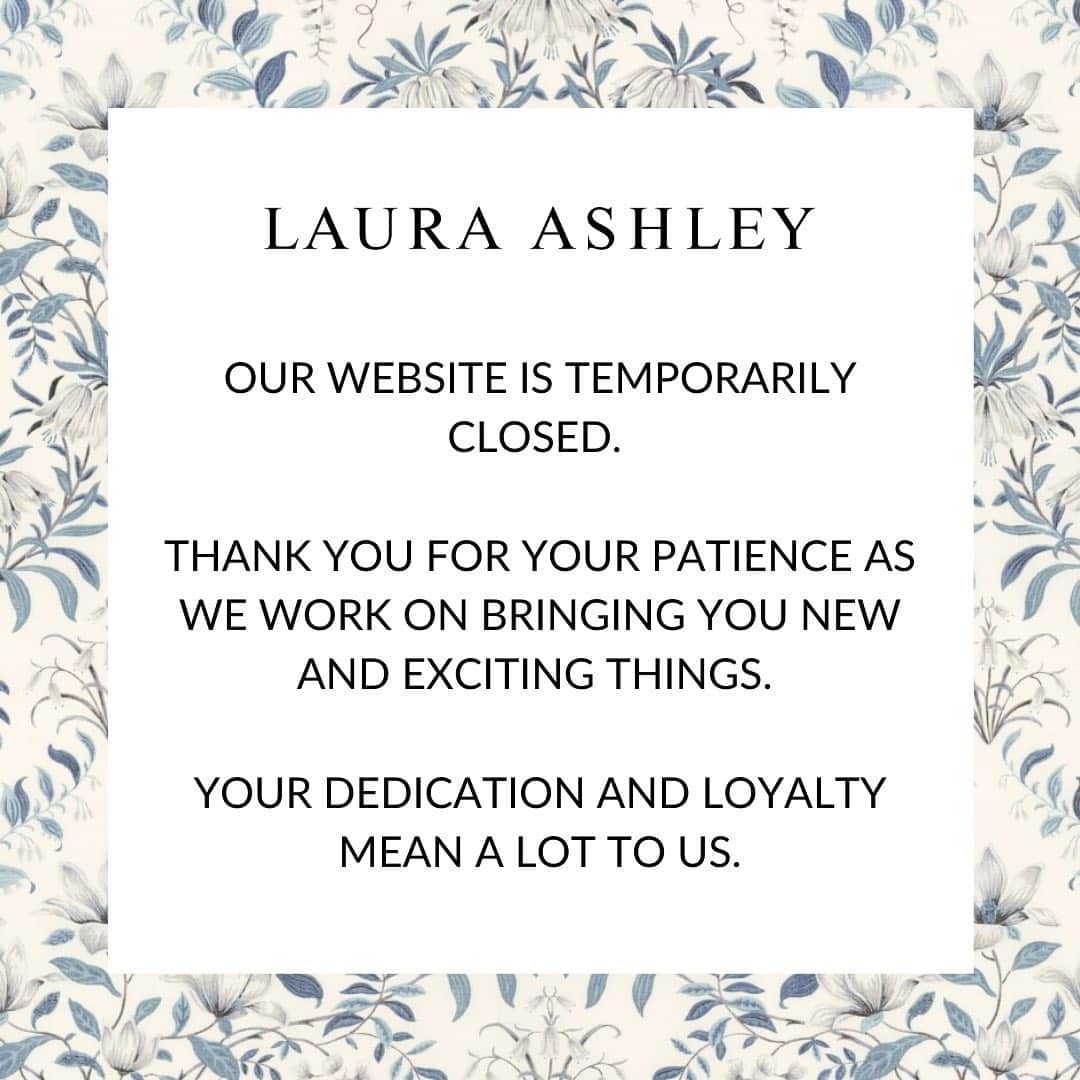 ローラアシュレイのインスタグラム：「Our website is temporarily closed. Thank you for your patience as we work on bringing you new and exciting things. Your dedication and loyalty mean a lot to us.   In the meantime, our stores remain open with everything at least 40% off.   Find your local store location and opening hours here: lauraashley.com/en-gb/store-locator」