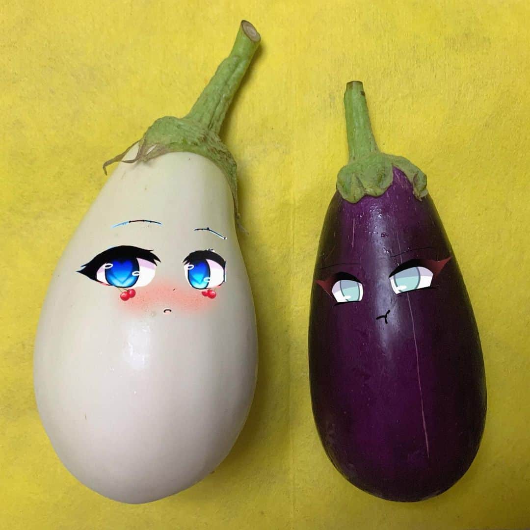 のインスタグラム：「おばあちゃんからもらったナスに顔つけてストーリーを生み出してみたんだ  #ナス」