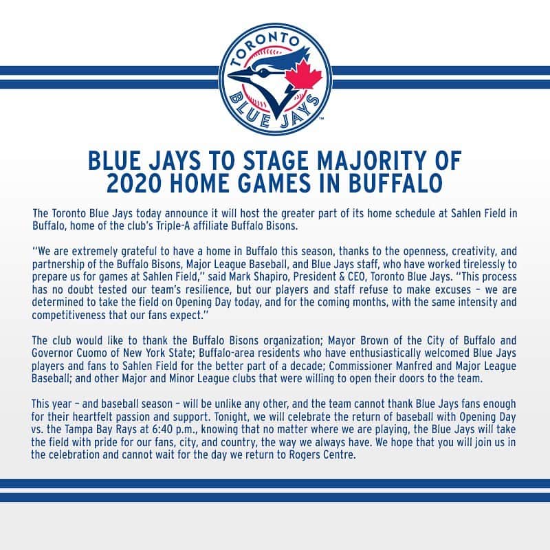 トロント・ブルージェイズさんのインスタグラム写真 - (トロント・ブルージェイズInstagram)「Blue Jays To Stage Majority Of 2020 Home Games In Buffalo.」7月25日 1時31分 - bluejays