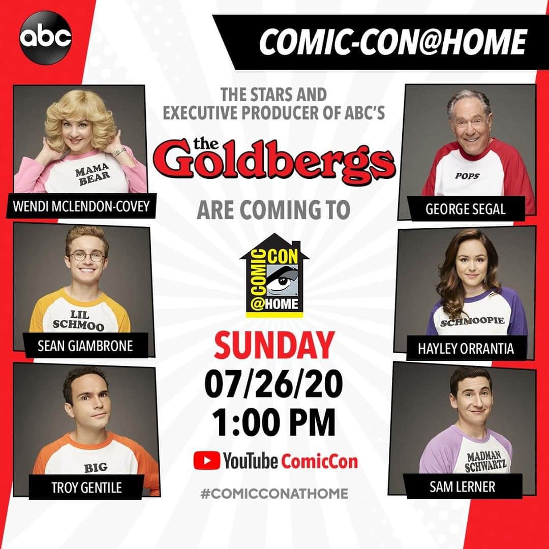 アメリカン・ブロードキャスティング・カンパニーのインスタグラム：「#TheGoldbergs are joining #ComicConAtHome this Sunday! Starting at 1 PM PST, watch the cast reunite virtually and answer your fan questions - don’t miss this!」