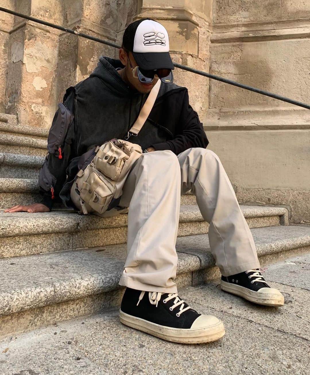 ジョージジーナ&ルーシーのインスタグラム：「@brandanjosh reworked one of our bags again 🔥 Were always keen to support and collaborate with creatives from all over the world. Make sure to contact us for collaborations 🖤  #georgeginalucy #gglsquad」