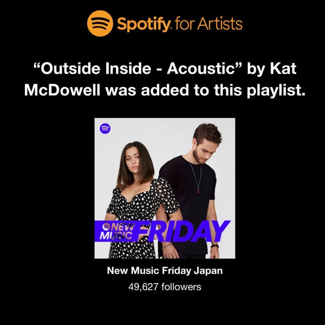 KATのインスタグラム：「It’s always an honor to have a song included in a New Music Friday playlist! Thank you @spotifyjp Have you heard the acoustic version of “Outside Inside” with @edenkai_official yet? ☺️🙌🏼」
