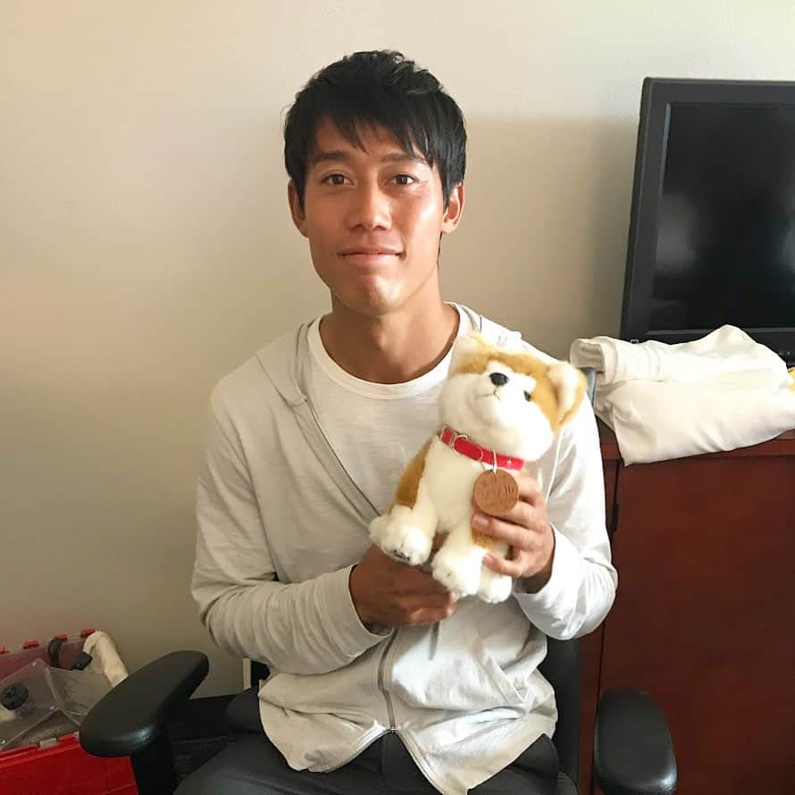 のインスタグラム：「CM撮影の裏側では・・ ザギトワ選手の愛犬、マサルのぬいぐるみとパシャリ🐶 エアウィーヴ一同メロメロ😍✨  皆さん良い夜を〜  #錦織圭 #teamairweave #エアウィーヴの宝物」
