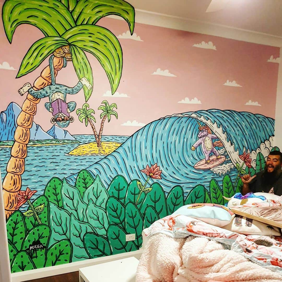 MULGAさんのインスタグラム写真 - (MULGAInstagram)「Rad times painting up Charlie's bedroom the other day 🌊🦄🏝️🐒. ⁣⁣ ⁣⁣ If per chance you would like a mural in your bedroom or other room don't hesitate to get in touch. ⁣⁣ ⁣⁣ The story of Charlie the Unicorn and Pedro the Monkey 🦄🐒⁣⁣ ⁣⁣ Once there was a brother and sister called Pedro and Charlie and one night before bed they read a book about a monkey and unicorn going on sweet adventures everywhere. That night they both dreamt the same dream that they were a monkey and unicorn and when they woke up that's what they were. So they went to the beach and Charlie went surfing and got the best tube of her life and Pedro hung around in a palm tree reading a really good book about superhero monkeys from outerspace that fight the bad guys with banana weapons like from the movie Madagascar.⁣⁣ ⁣⁣ The End⁣⁣ ⁣⁣ Painted with @tint.paint. ⁣ ⁣ #mulgatheartist #unicornart #surfart #monkeyart #unicorn #surfartist #muralart」7月25日 11時17分 - mulgatheartist