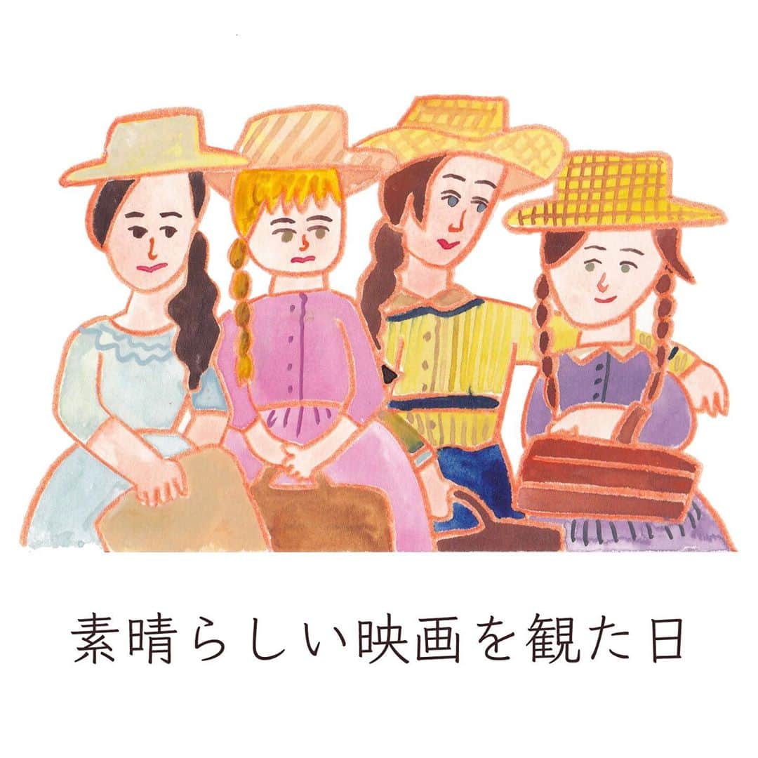 Boojilのインスタグラム：「🌞2020年7月25日 #おかっぱちゃん絵日記   先日、こどもたちの寝かしつけを夫に託し、一人仕事を済ませてから、映画館に向かった。  新宿ピカデリーで前から気になっていた、「ストーリーオブマイライフ 」を鑑賞した。前情報一切なし、鑑賞中号泣し、目も鼻もくちゃくちゃになった。  久しぶりに観て本当に良かったと、深く想える作品に出会った。何度も観たい。  きっとこの先、迷ったときに寄り添い、支えてくれる作品だと思う。  4人姉妹がそれぞれの人生を歩んでいくお話で、女性の生き方を改めて考えさせられる内容だったのだけれど、たくさんエネルギーをもらうことができた。  自分がどう生きていきたいかとか、どう暮らしていきたいかとか、何を基準にみんなは考えているだろうか。  世界は混乱状態で、毎日暗くて辛いニュースがどっさり目に、耳にはいってくる。  何にも囚われずに生きることは簡単ではないけれど、わたしは何を持って幸せを感じるのか、どうやって生きていたいか、暮らしていきたいか。  そこを自分自身が深く理解し、少しずつ動き出すだけで、毎日の暮らし方は大きく変わっていく。心も整っていくように思う。  自分は自分、わたしは、わたしにしか味わえない人生を歩んでいく。自分に代わる人はいないし、誰かになることもできない。  後ろを振り返ることなく、前を見て歩んでいくしかない。  どんな状況にあろうとも、夢をあきらめる必要もない、力をくれる映画だと思いました。  あぁ、また映画館に行ける日はいつになるかなぁ！  #ストーリーオブマイライフ  #おススメ映画  #映画 #映画イラスト #storyofmylife  #littlewomen  #illustration  #illustration  #boojil #姉妹　#4人姉妹」