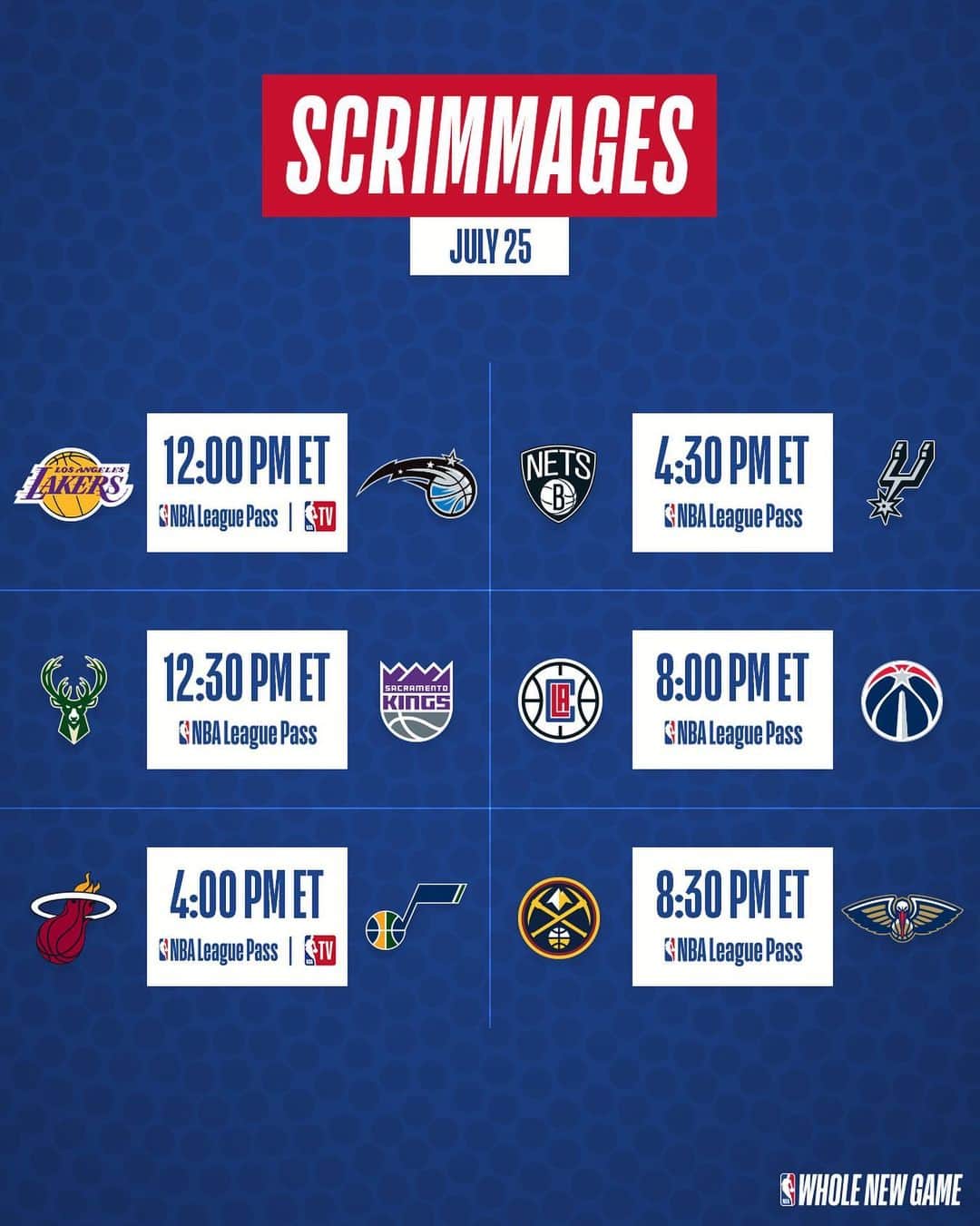 NBAさんのインスタグラム写真 - (NBAInstagram)「👀 6 Games on Today's Scrimmage Schedule to prep for the NBA Restart on July 30th!  Watch LIVE on NBA League Pass & @nbatv • #WholeNewGame」7月25日 20時32分 - nba