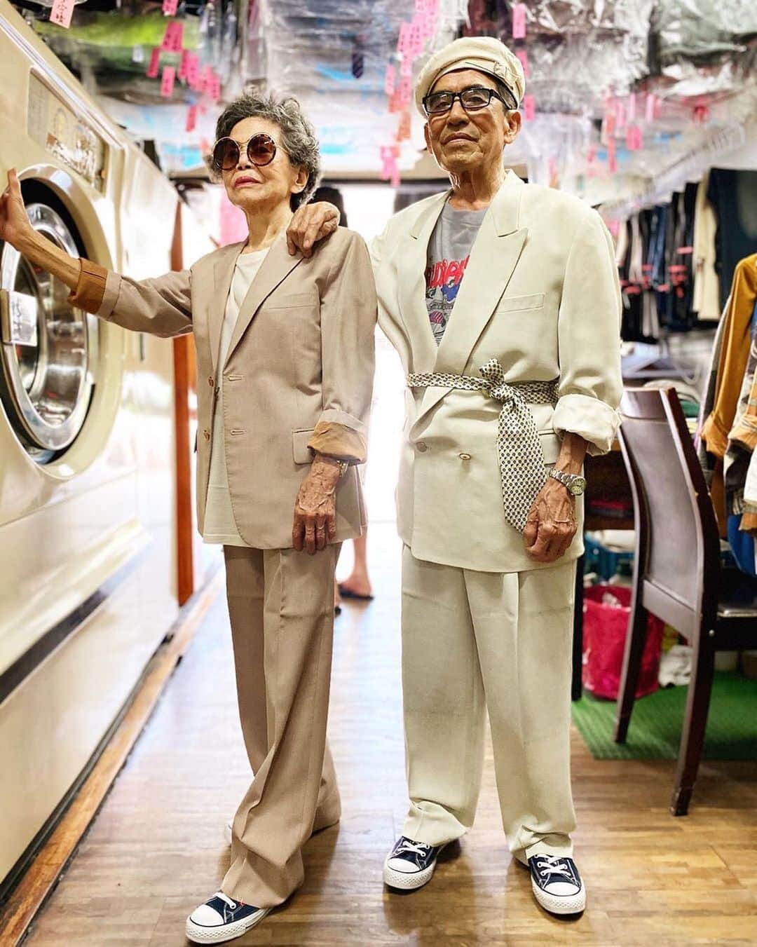 Grace Bonneyのインスタグラム：「📣Hands down my favorite new account: @wantshowasyoung is the account of Wanji (83) and Xiue (84), owners of Wanxiu Laundry in Taiwan. They pose for photos in unclaimed clothing left behind at the shop. If I’m fortunate enough to live to be 83 I can only hope to have this much confidence and cool.」
