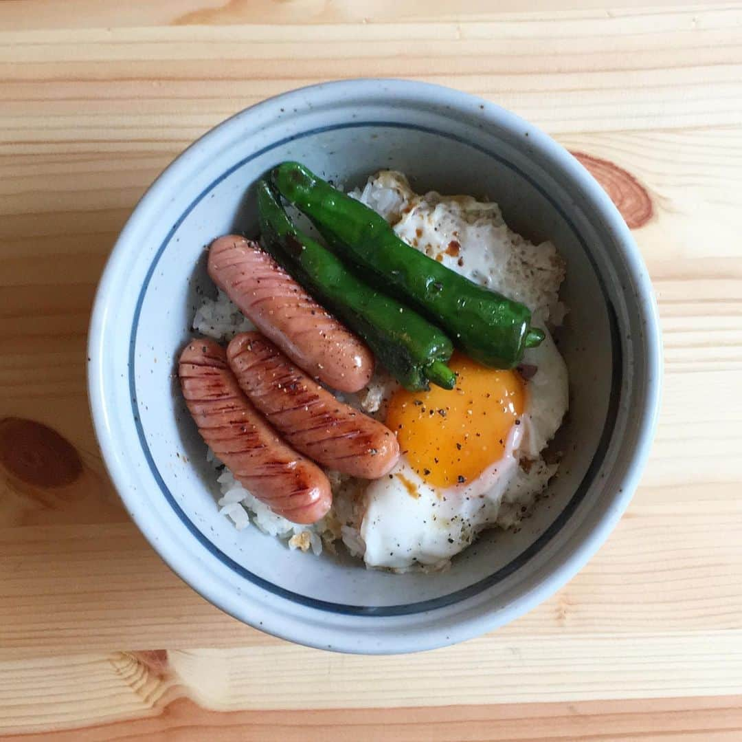 宮本菜津子さんのインスタグラム写真 - (宮本菜津子Instagram)「今日のひるごはん。こんなんどう考えても美味しい丼🍚白ご飯にウインナーと目玉焼きのっけて、醤油かけたのが食べたあああい！と思ったので作りました。焼いただけの万願寺さんを添えて。めちゃくちゃのはちゃめちゃに美味しかったです、、 - 途中まで書いて、収め方がわからず放置している曲の整理をはじめるなど。メンバーともう4ヶ月も会えていないし、音も出せていないから、自ずと表現の質感が個人的なものになってくるな〜。と思いつつ、それはそれで貴重なことかもなって、しんどいけど向き合うようにしてる。何かしら、表現物として世に放つことができればもうそれだけで幸せなことだな、と思うわい。がんばろっと。 - #massofthefermentingdregs  #motfd #masudore #lunch #lunchtime #lunchtime🍴  #lunchtime😋  #マスドレ #ひるごはん #おひるごはん #昼ごはん  #お昼ごはん  #昼ご飯 #お昼ご飯  #万願寺とうがらし  #ウインナー  #目玉焼き  #どんぶり  #丼物  #丼」7月26日 13時03分 - natsukondesu