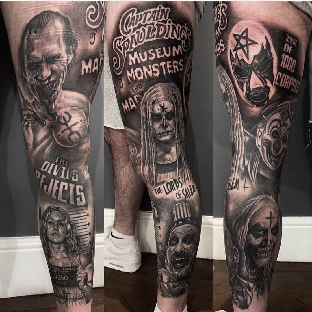 ロブ・ゾンビのインスタグラム：「This leg tattoo is fucking sick! 💀💀 Amazing work by @lauhinshawtattoo . Love seeing such dedication to the films! So cool. #sicktattoos #robzombie #sherimoonzombie #richardbrake #billmoseley #sidhaig #houseof1000corpses #thelordsofsalem #thedevilsrejects #halloween」