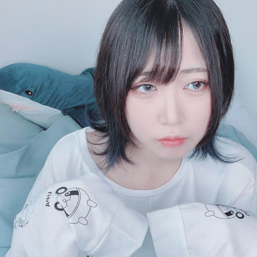 ねおきまこのインスタグラム：「引きこもり卍 . . . #bluehair #haircolor #innercolor #blue #l4l #いいね返し #自撮り界隈  #自撮り #steinsgate #upa #cosplay」