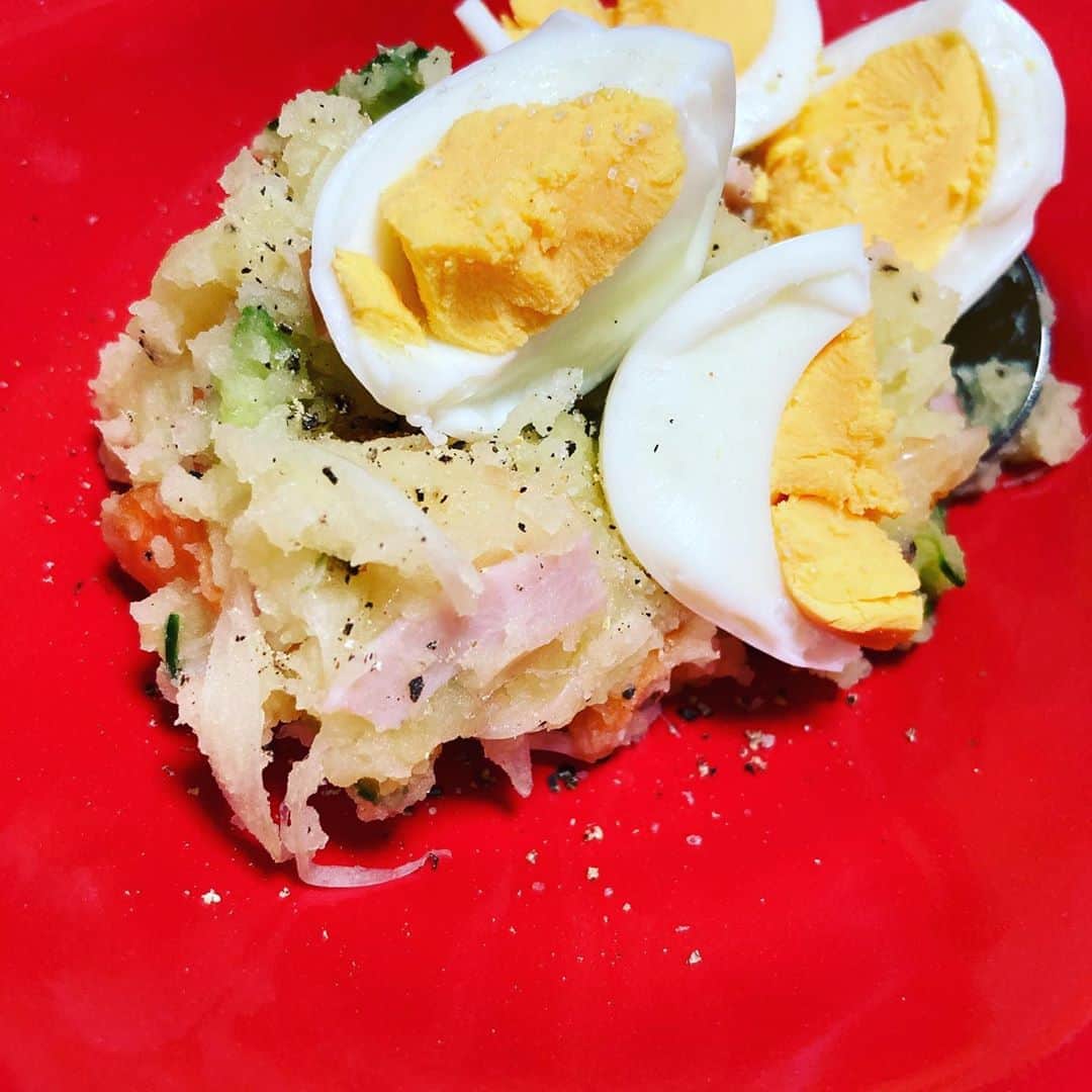 久保ミツロウのインスタグラム：「初トライのポテトサラダ 白ワインビネガー、オリーブオイル、塩、黒胡椒。 茹でたじゃがいも、ぬか漬けの人参とカブの葉っぱ、薄切りしたきゅうりと玉ねぎ。あとハム。 マヨが無くても作れるのね！とてもシンプルで美味しい〜。 マネージャーからもらった芋けんぴも美味しかった…一袋食べ終わるまで手が止まらず怖くなった。芋は美味い。無罪。」