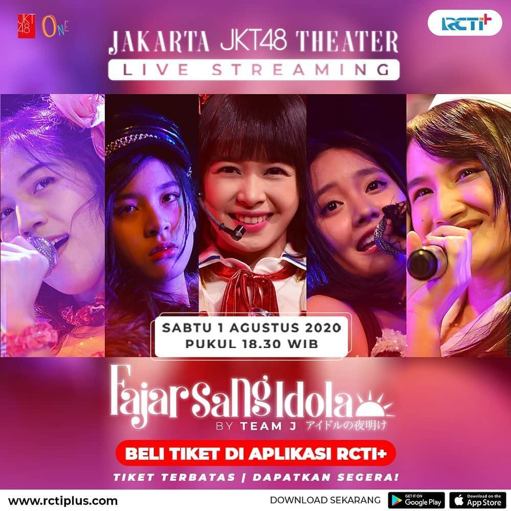 ニ・マデ・アユ・ファニア・アウレリアのインスタグラム：「Live Streaming Theater JKT48 - Fajar Sang Idola!  Fans JKT48 yang sudah kangen untuk lihat penampilan full setlist dari JKT48 Team J, ini dia saatnya.  Sabtu, 1 Agustus 2020 mulai pukul 18.30 WIB  HTM: Rp 25.000  Kalian langsung bisa beli tiketnya sekarang di Aplikasi RCTI+  Ada 10 orang beruntung yang sudah beli tiket akan dapat kesempatan untuk video call saat Theater berlangsung!  Yuk buruan dapetin tiketnya karena terbatas!  #RCTIPlusAda #RCTIPlusXJKT48 #RCTIPlusFajarSangIdolaJKT48」