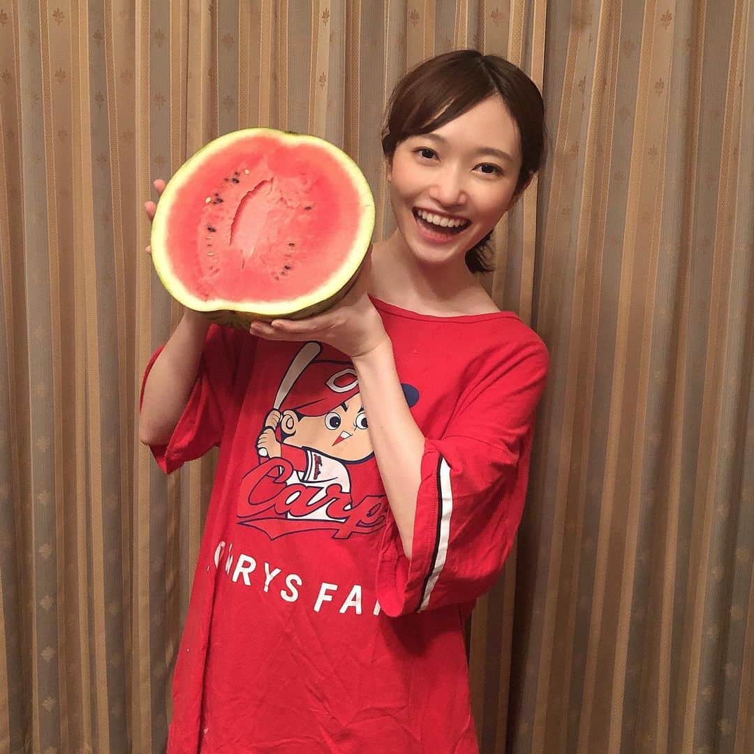 末井櫻子のインスタグラム：「🍉☆🍉☆🍉 　　　　 　　　　 今年初スイカ🍉 　　 　　 顔よりも大きなスイカは切るのが大変でした😹😹🌀 　　 　　 だにえるも大喜び🐶♡ よれよれ部屋着でごめんなさい🤭笑 　　　 　　　 　　　 #スイカ  #おうち時間  #stayhome  #カープ女子 #カープ #カープグッズ  #愛犬 #愛犬との暮らし  #キャバリア #キャバリアキングチャールズスパニエル」
