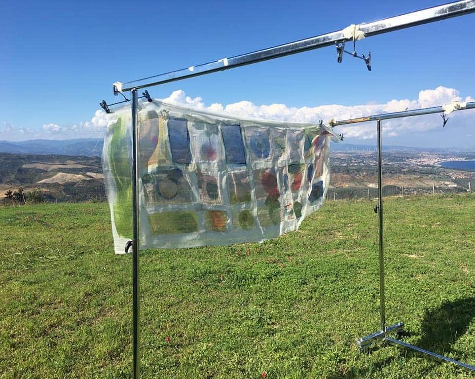 のインスタグラム：「Craftsmanship backstage: handpainted stole getting dry in the Calabrian hills overseeing the land and the sea #cividini #handpainted #artknits #arttowear #wearingart #madeinitaly」