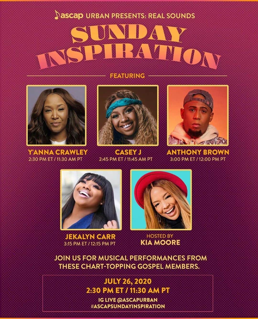 ASCAPさんのインスタグラム写真 - (ASCAPInstagram)「Looking for inspiration today? Join @ascapurban for Sunday Inspiration on IG LIVE at 2:30PM ET / 11:30AM PT, featuring our chart-topping gospel members, and hosted by @pastorkiamoore.  #SundayInspiration #ascapsundayinspiration」7月27日 0時48分 - ascap