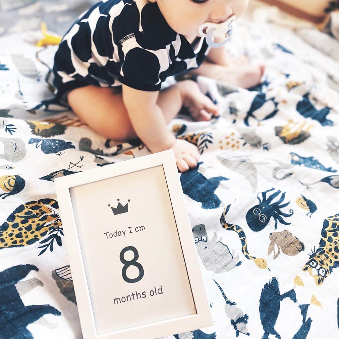 unoのインスタグラム：「息子、早いもので8ヶ月になりました🌻 （2枚目はまた成長メモのイラストです） お座りは安定できるまであと少し！ 動きまくるのでもう寝ての写真はほぼ撮れません… 同じように撮れないのは少し寂しいけど、 成長を感じられて嬉しいな〜と思います☺️ イラストで書き忘れましたが歯も上下二本ずつ生えてきて、 昨日くらいからもう一本前歯が生えてきました。 歯が生えるとますます人間っぽい…！ 離乳食も二回食ですがヒイヒイ言いながら頑張ってます。 おそらくよく食べてくれる方なのですが 眠くて泣き出したり 途中から暴れたりするのでそれがまた大変😓 これからもっと大変になっていくんだろうな…（と毎月思ってるのであった） ハイハイ、つかまり立ちはまだこれからなのですが、 きっともうすぐなので家の整備を急ピッチで頑張らねば…！ 掃除が不得意なので、どうにかやる気出して頑張ります… 言葉もバリエーションが出てきて面白くて、 喋り出したら絶対楽しいんだろうなと今から楽しみです。 コロナでろくに外出できない日々ですが、ちょっとした楽しみを大事にしながら過ごしたいなーと思います。 しかし早く動物園とか、一緒に行きたいなぁ…。」
