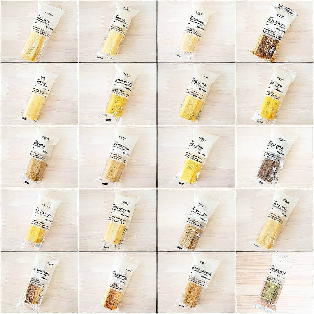 石関友梨のインスタグラム：「無印良品のバウムシリーズ！全20種類！ YouTubeの動画では19種類だったけど「宇治抹茶バウム」が入ってなかった  店舗・期間によって種類が異なるよ🎀  #無印良品 #バウム #バームクーヘン #YouTube #ゆりもりチャンネル #全種類 #勝手にランキング #スイーツ #食べ比べ #無印良品週間 #無印良品のお菓子」