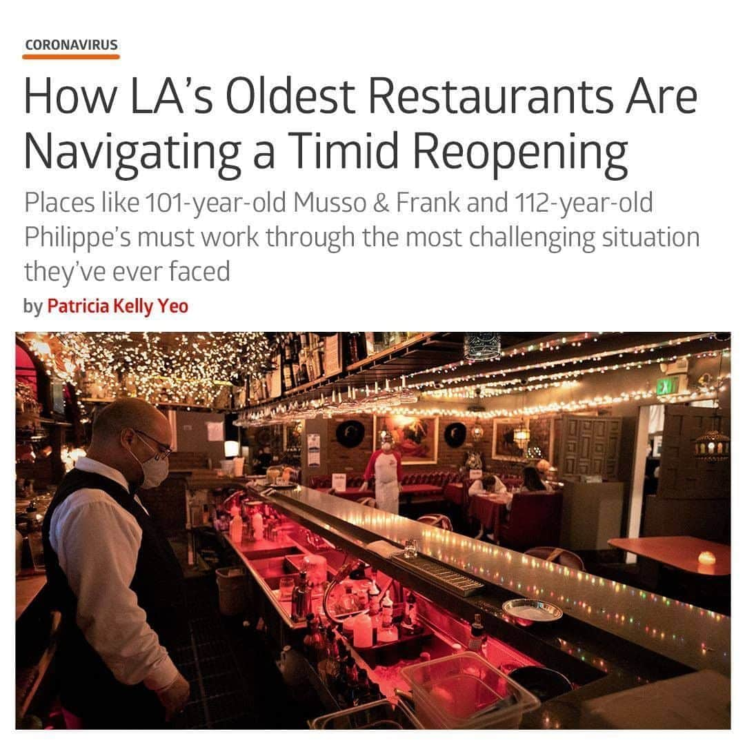 Eater LAさんのインスタグラム写真 - (Eater LAInstagram)「The closures impacted every restaurant, but especially LA's oldest establishments, which sometimes act as a portal to what it was like to dine decades ago by retaining as much of the charm and character of their dining rooms, menus, and even staff. Thriving off a clientele that takes pleasure in consistency and old-school charm, restaurants like @mussoandfrankgrill and @casavegarestaurant have capitalized on an unchanging dining experience. But now, they must adapt to survive during an unprecedented pandemic. Tap our profile link for the full story from @patkyeo.  ⁣ 📸: Dave Schwep」7月28日 3時10分 - eater_la