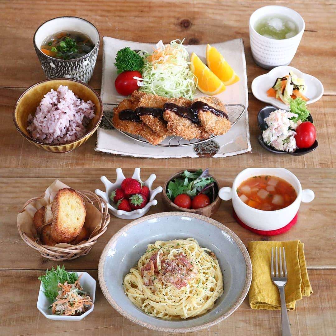 yunaのインスタグラム：「♩ . #まとめて投稿 #ひとりごはん . . 🍚ヒレカツ おからでポテサラ風 春雨スープ 白菜と塩昆布の和え物 雑穀ごはん . . 🍚カルボナーラ ミネストローネ きゅうりと人参のゴママヨ和え サラダ フルーツ🍓 . . ヒレカツには #つけてみそかけてみそ  を付けて食べました🙆 味噌カツうまー😋 . . #yunaご飯#lin_stagrammer#kurashiru#delistagrammer#Japanesefood#ロカリキッチン#デリスタグラマー#クッキングラム#クッキングラムアンバサダー#タベリー#フーディーテーブル#Kissカメラ#iegohanphoto#てづくりごはん365#おうちごはん#おうちごはんlover#ママリクッキング#マカロニメイト#おうちごはん通信#キッチングラム#おうちカフェ#夜ごはん#晩ごはん#dinner#小石原焼#翁明窯元#波佐見焼」
