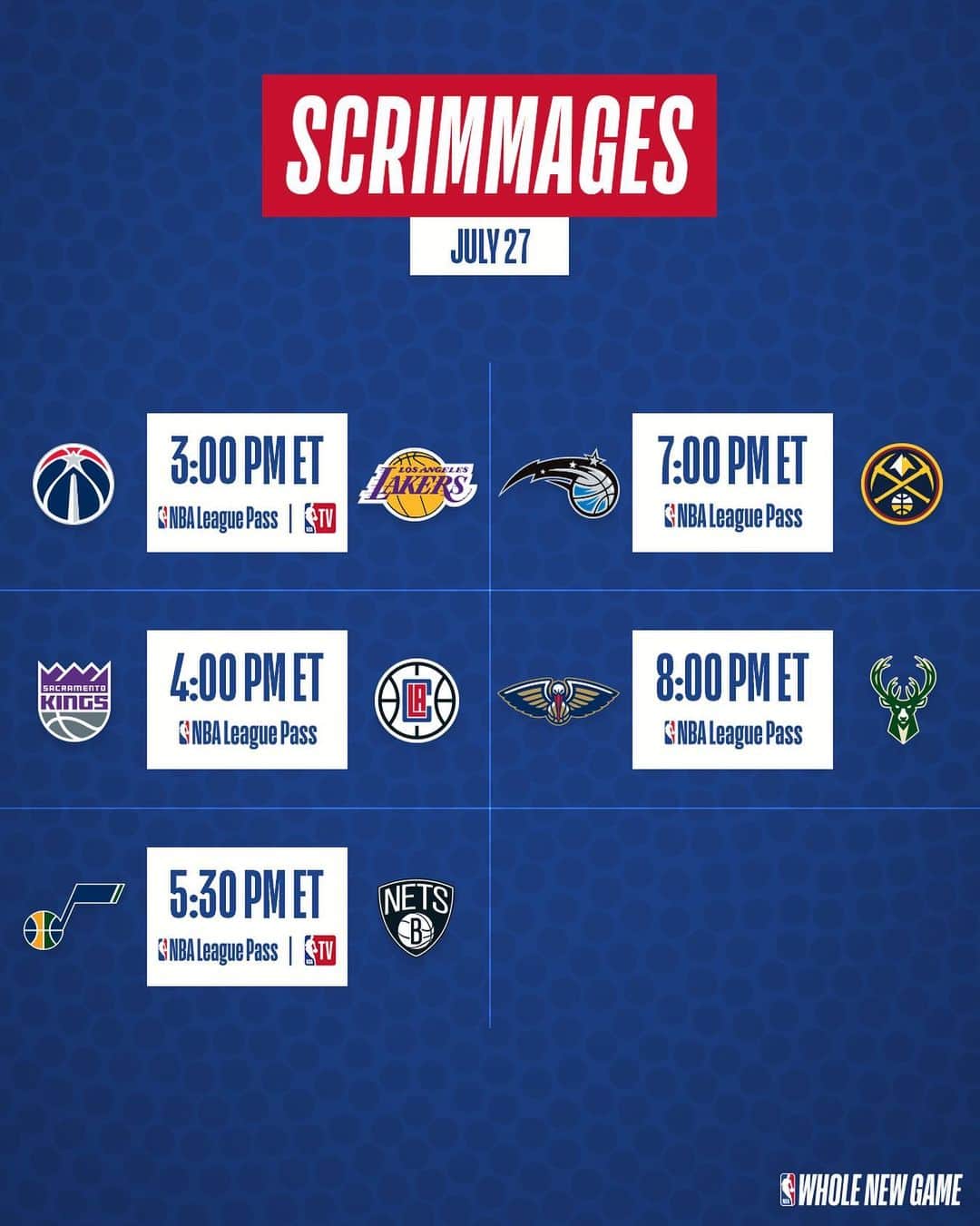 NBAさんのインスタグラム写真 - (NBAInstagram)「👀 5 Games on Monday’s Scrimmage Schedule to prep for the NBA Restart on Thursday!  Watch LIVE on NBA League Pass & @nbatv • #WholeNewGame」7月27日 20時43分 - nba