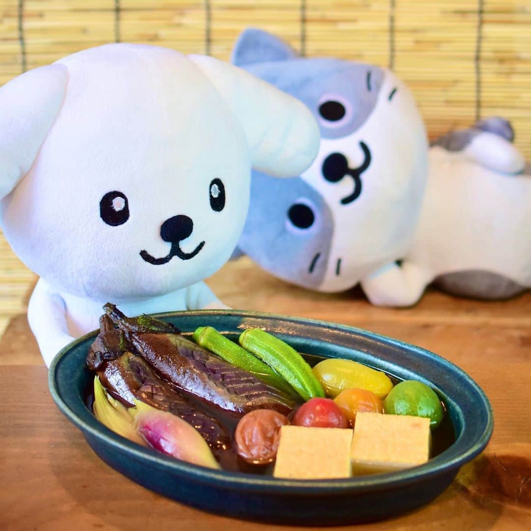 のインスタグラム：「【ダス犬とつくろ♪ヘルシー料理】 梅干しの酸味が良いアクセントに♪ 夏バテ中のシミー・キャットも美味しく食べられる冷やしおでんだよ。  ●夏野菜の冷やし梅おでん ※4人分 なす 2本 オクラ 4本 みょうが 2本 ミニトマト 8個 厚揚げ 1枚 ごま油 大さじ1/2 水  2カップ(400cc)  出汁昆布 5cm角1枚  干し椎茸 小さめ1個   A  みりん 大さじ1と1/2  酒 大さじ1 薄口醤油 大さじ1/2  塩 小さじ3/4  梅干し 1個  1.水に出汁昆布と干し椎茸を入れて数時間置いてから、鍋でひと煮立ちさせ、昆布と椎茸を取り出す。 2.1でとった出汁にAの材料を全て加える。梅干しは少し潰して入れる。もうひと煮立ちさせてから常温くらいまで冷ます。 3.なすは縦半分にカットし、皮目に斜めに隠し包丁を入れる。オクラは塩(分量外)をまぶし、まな板の上で軽く転がしてからすすぐ。みょうがは縦に半分にカットし、ミニトマトは湯むきする。厚揚げは油抜きして4等分にする。  4.ごま油をひいたフライパンでなすを弱火で両面焼く。押して柔らかくなっていたらOK。  5.小鍋に湯を沸かし、オクラとみょうがを沸騰状態で1分さっと茹でて、冷水に取り上げる。 6.保存容器に具材を並べ、出汁を注ぎ入れる。冷蔵庫で一晩置く。  *MEMO*  ミニトマトの湯むきは、ヘタを取り、お尻の皮の部分に数ミリ、ペティナイフで浅く切り込み を入れておきます。 沸騰した湯に入れ、5秒で氷水に取り上げてください。氷水の中で切り込みを入れたところから皮をむきます。具材は、他にはインゲンやズッキーニなどもおすすめ♪   レシピ監修 @iina_veganfoodcreator」