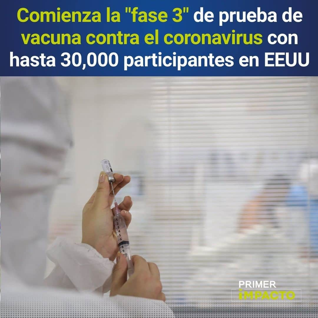 Primer Impactoさんのインスタグラム写真 - (Primer ImpactoInstagram)「El laboratorio #Moderna anunció que comenzó su "fase 3" de prueba de la #vacuna candidata contra el #covid19.  "Esperamos que este ensayo demuestre el potencial de nuestra vacuna para prevenir covid-19, de modo que podamos vencer esta pandemia", dijo Stephane Bancel, CEO de Moderna.   Se espera que el ensayo aleatorizado, que incluye placebos, incluya aproximadamente a 30,000 participantes en #EstadosUnidos, probando una dosis de mRNA-1273 de 100 µg (microgramos).   Más de esta noticia en el link de nuestra biografía.  #PrimerImpacto.」7月28日 0時25分 - primerimpacto