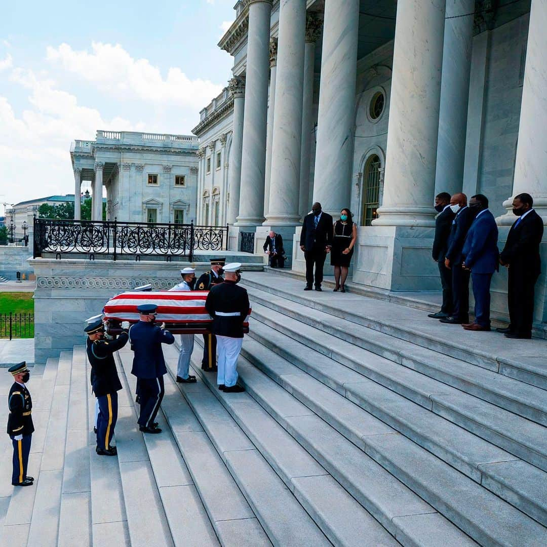 TIME Magazineさんのインスタグラム写真 - (TIME MagazineInstagram)「The flag-draped casket of Rep. John Lewis arrived at the U.S. Capitol in Washington, D.C., on July 27, where he will lie in state as lawmakers pay tribute to the civil rights icon and longtime Georgia Congressman. Lewis, who died at 80 on July 17, becomes the first Black lawmaker to lie in state in the Rotunda, the Associated Press reports. Later, a public viewing would take place outside. In these photographs: the hearse carrying Lewis’ body drives on Black Lives Matter Plaza near the White House; a man sits alone inside the Rotunda before the memorial service; Lewis' casket arrives on the East Front of the U.S. Capitol; a tribute outside the nearby United Methodist Building; members of Congress pay their respects; and Reta Cosy, of Upper Marlboro, Md., holds a #BlackLivesMatter sign outside the Capitol. Photographs by @alex_brandon—Pool/@apnews; @mattmcclainphoto—@washingtonpost/Pool/@apnews; @nytmills—@nytimes/Pool/@afpphoto/@gettyimages; @sarahsilbiger—Bloomberg/@gettyimages; Shawn Thew (@shawno66)—Pool/@epaphotos-EFE/@shutterstock; and @billclarkphotos—@rollcall/@gettyimages」7月28日 5時16分 - time