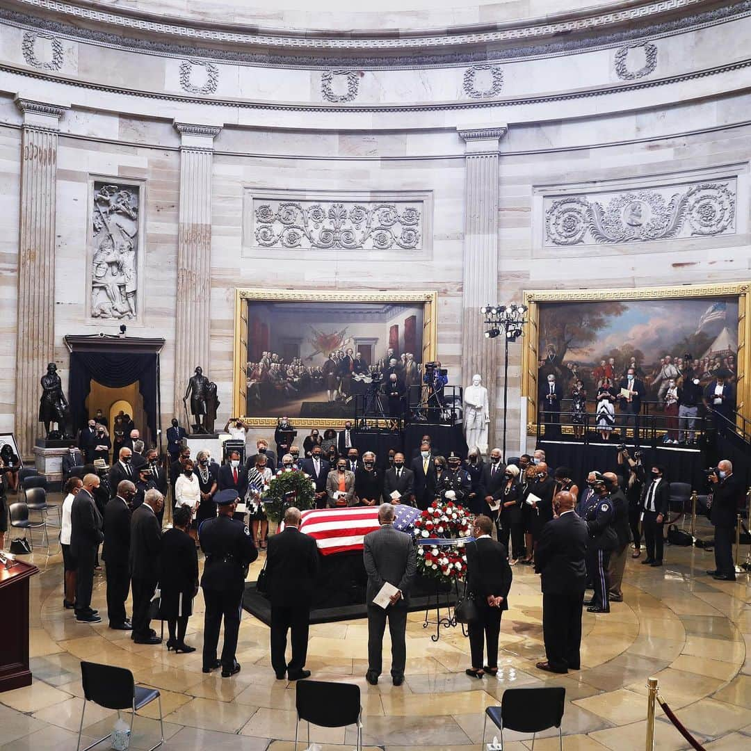 TIME Magazineさんのインスタグラム写真 - (TIME MagazineInstagram)「The flag-draped casket of Rep. John Lewis arrived at the U.S. Capitol in Washington, D.C., on July 27, where he will lie in state as lawmakers pay tribute to the civil rights icon and longtime Georgia Congressman. Lewis, who died at 80 on July 17, becomes the first Black lawmaker to lie in state in the Rotunda, the Associated Press reports. Later, a public viewing would take place outside. In these photographs: the hearse carrying Lewis’ body drives on Black Lives Matter Plaza near the White House; a man sits alone inside the Rotunda before the memorial service; Lewis' casket arrives on the East Front of the U.S. Capitol; a tribute outside the nearby United Methodist Building; members of Congress pay their respects; and Reta Cosy, of Upper Marlboro, Md., holds a #BlackLivesMatter sign outside the Capitol. Photographs by @alex_brandon—Pool/@apnews; @mattmcclainphoto—@washingtonpost/Pool/@apnews; @nytmills—@nytimes/Pool/@afpphoto/@gettyimages; @sarahsilbiger—Bloomberg/@gettyimages; Shawn Thew (@shawno66)—Pool/@epaphotos-EFE/@shutterstock; and @billclarkphotos—@rollcall/@gettyimages」7月28日 5時16分 - time