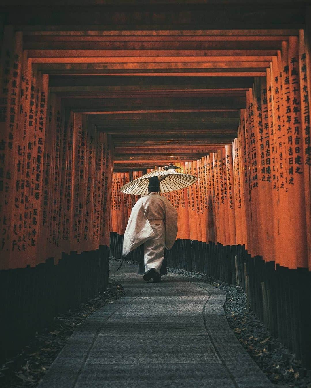 Berlin Tokyoのインスタグラム：「In a serene morning, Shinto priest disappears into the thousands of Torii gates weaving their way through the Fushimi Inari Shrine. . . . #hellofrom #kyoto , #japan」