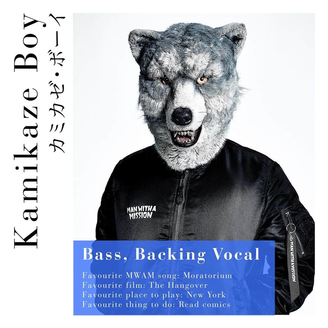 のインスタグラム：「This week we are finding out a little more about each member of our favourite Wolf Band! Today it is the turn of Kamikaze Boy 🐺💙  ⏩ But what do YOU like best about Kamikaze? 🥰🤔  MWAM's Greatest Hits album is out now! 🎧 Listen via the link in our bio or story highlights. . . . #manwithamission #mwam #wolfband #wolves #kamikazeboy #kamikaze #mwam10th #mwamprofiles #jrock #jpop」