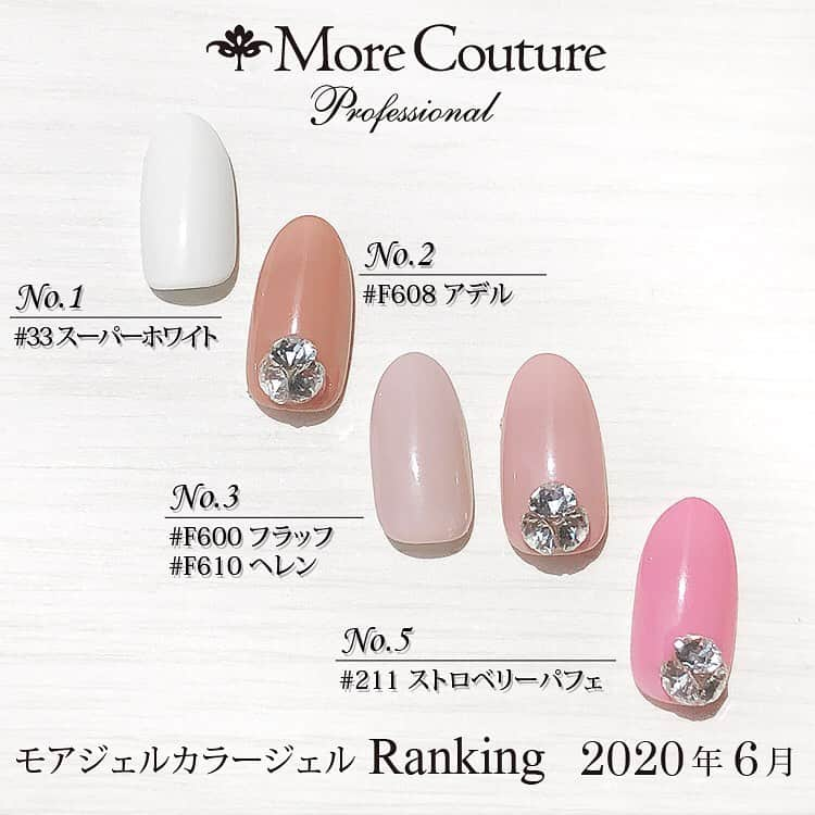 エリコネイルさんのインスタグラム写真 - (エリコネイルInstagram)「＊More Couture＊ ☆モアジェル2020年6月売上げランキング☆ . 1位はフレンチネイルに最適な【 #33スーパーホワイト 】でした✨ . ランキング常連のFselection（ @nailfumi ）人気カラー #f608アデル #f600フラッフ #f610ヘレン もランクイン👍 1位の#33スーパーホワイト と5位の #211ストロベリーパフェ はJNAジェルネイル技能検定試験のオススメカラーです🤗 . . #morecouture #モアクチュール #moregel #モアクチュールモアジェル #モアジェル  #erikonail #エリコネイル #네일 #젤네일 #美甲 #6月 #人気カラー #売上げランキング #ランキング #fselection #fumi先生 #fumi先生プロデュース #33スーパーホワイト #f608アデル #f600フラッフ #f610ヘレン #211ストロベリーパフェ  #nail #nails #gelnail #gel」7月28日 16時39分 - morecouture_jp