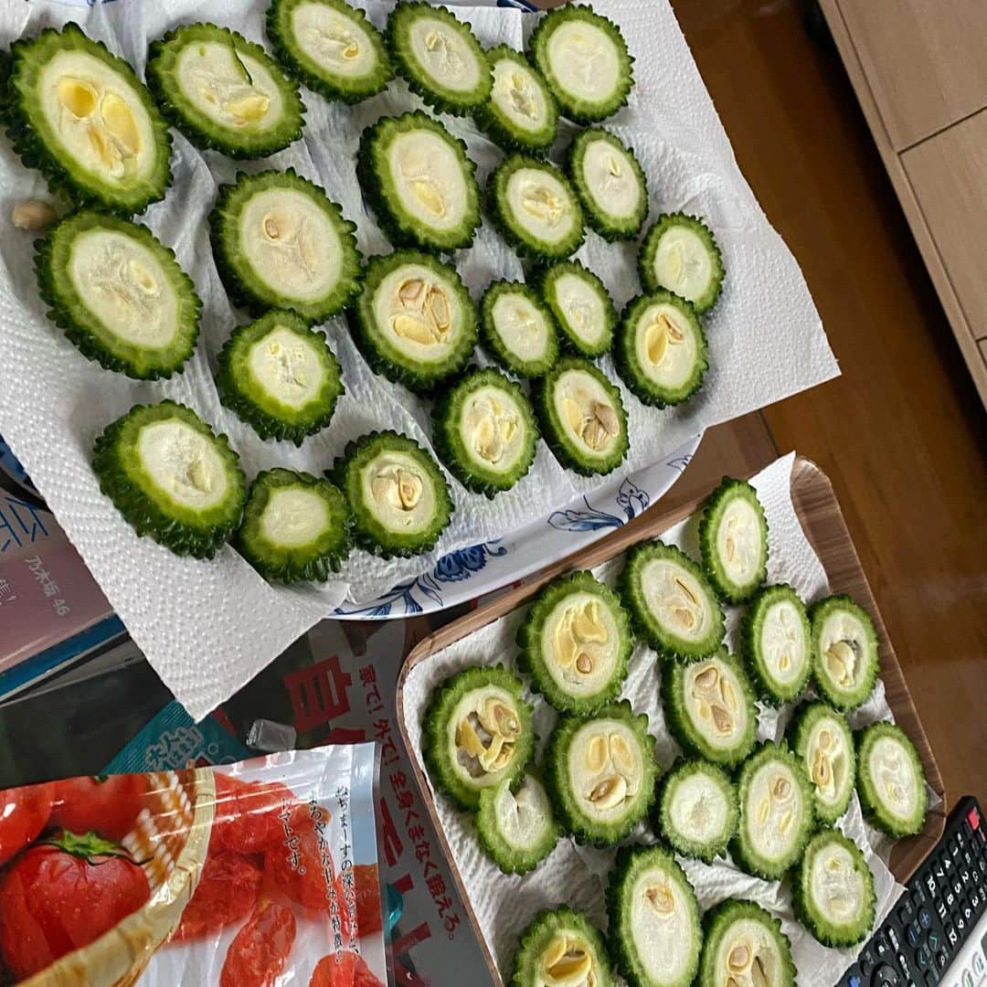 のインスタグラム：「沢山のゴーヤをアレンジ料理してます🤗伊江島産のゴーヤは美味しい💖  #伊江島ゴーヤ#楽しんご#ゴーヤチップス#ゴーヤカレー #ゴーヤチャンプル」