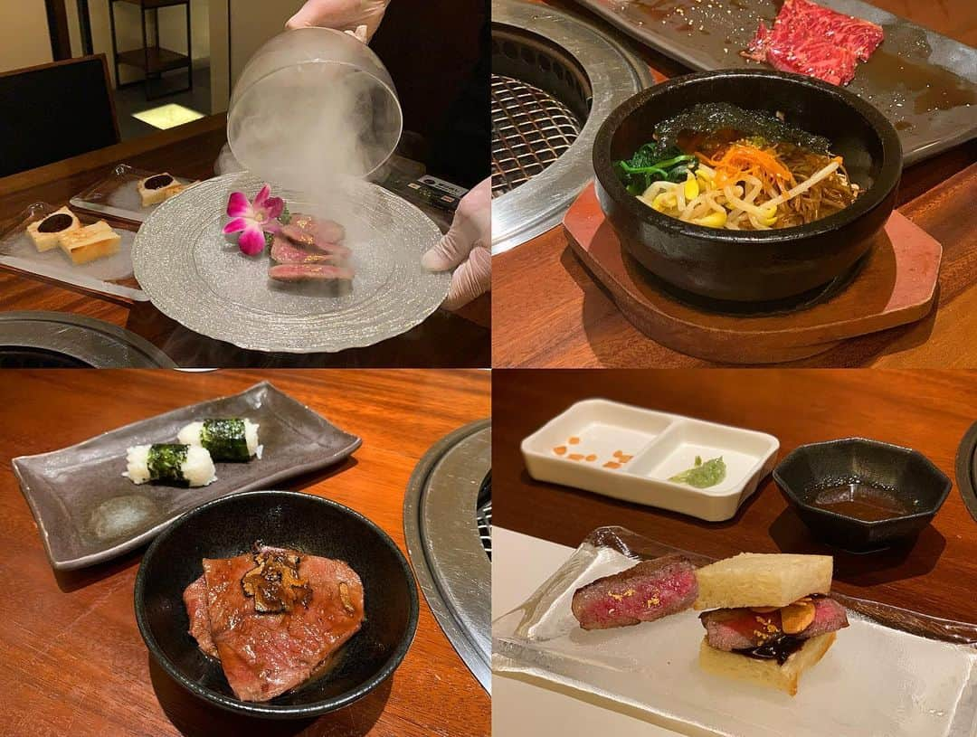 Yukaさんのインスタグラム写真 - (YukaInstagram)「銀座にあるトラジグループ最高峰の焼肉店　@yakiniku_excellent さんの個室で贅沢デート💕 - 一休.comで予約したら、 一人¥16335の梅コースがなんと税込¥10000で食べられる💕 - 今回、紹介する内容とちょっと違うけど、 一休の梅コースを貼っとくね！  ■乾杯ドリンク ・シャンパンかソフトドリンク ■前菜 ・ポッサムキムチと低温調理のローストビーフ ■黒毛和牛の肉刺し ・フルーツトマトとシーフードのハーブドレッシング ■一品 ・炙りユッケ ■焼物 ・黒毛和牛上タン塩のキャビア添え 　黒毛和牛シャトーブリアンのフォアグラのテリーヌ添え ・黒毛和牛サーロインの瞬間スモークサンド ・黒毛和牛ミスジのすき焼き 黒トリュフと共に ・銘柄牛赤身三種の盛り合わせ ■食事 ・本日のお食事 ■デザート ・デザートとコーヒーor紅茶 - 最初シャンパンで乾杯したら🥂 帆立と海老など海鮮をキムチで包んだ特製ポッサムキムチとサーロインにイクラのトッピング手巻きが出てきた。一口サイズが良い💕普段あまり見たことないマイクロトマトとアイスプラントもついてて嬉しい。  日本に来る前にユッケって食べ物知らなかったし、生肉もあまり好きじゃなかったけど、最近は好きになった🥺 ちょっと焼いたユッケに雲丹とキャビアをのせて、下にちょっと甘酸っぱいジュレを敷いて、混ぜて食べたら豊富な味に感動💕  次に出てきたのは、トラジ和牛のシャトーブリアンと特上タン塩 お皿キラキラしてて、テンションも上がってきた 隣にフォアグラとキャビア🤭🤭🤭 目の前で焼いてくれたから、視覚と味覚が最高 完成したら、タンにキャビア、シャトーブリアンにフォアグラ 厚切りタンはやっぱりジューシーで美味しい！ シャトーブリアンの柔らかさにビックリ😭 肉を食べてると思わないぐらい柔らかい フォアグラとも相性抜群  そして、トラジ黒毛和牛のサーロインが出てきて、あとで調理するので先に写真を撮っていいよって担当の李さんが言っていた笑 そのあと厨房で調理していただいて、瞬間燻製されていた！蓋を開けた瞬間のスモーキーな香りと金粉をトッピングされたピンク色のサーロインが目の前に現れた。 このまま食べようと思ったら、なんと焼いたトーストを用意して、サーロインサンドを作っていただいた。この食べ方また贅沢🤭  次は、私が一番期待してた特選みすじのすき焼き、こんな分厚いみすじを使ってすき焼きにするのは初めて(笑) 鉄鍋の上で焼いた後に、黒トリュフをたっぷりかけて、卵黄と一緒に混ぜて食べたら最高に幸せ！ そして、シャリを投入して残ったタレと混ぜてTKG風‼️  シメはユッケジャン麺と石焼きピビンバにした どっちも量多い！って思ったけど、どっちも美味しいから気づいたら全部食べちゃった😅 ユッケジャン麺の麺もちもちしてて、具もたっぷり入ってた 私の石焼ピビンバはおこげがいっぱいついてて、パリパリで幸せ🥺🥺🥺  もうこれ以上の肉はないと思ったら、 最後に赤身3種の芯まわり、イチボ、上ハラミ どんな部位がわからないけど、親切に教えてもらった🥺 最初から最後まで、全部李さんに焼いてもらったし、いろんな豆知識を教えてくださったり、肉を美味しく焼くテクニックもこっそり教えてもらった💕今度友達と焼肉を食べに行く時にやってみる😏  最後のデザートも豊富で、杏仁豆腐やマンゴープリンなどいろいろ入ってて満足🥰 量は少なめでいろんな種類が入ってていろいろ食べれて嬉しい！  個室が多いから、記念日、デートや女子会にオススメ お店の雰囲気はもちろん良いけど、やっぱりサービスが最高すぎる！ザ・銀座って感じ笑笑 ごちそうさまでした😋  ちなみに、トラジ和牛というのはトラジグループ専用の牧場で育てられた牛みたいよ🐂  #yakiniju#tokyo#ginza#japan#beef#dinner#date#銀座#焼肉#焼肉エクセレント#焼肉トラジ#トラジ和牛#トラジグループ#肉テロ#飯テロ#デート#記念日#カップル#女子会#ディナー#銀座グルメ#銀座ランチ#銀座デート#グルメ#肉料理#インスタ映え#雰囲気#高級焼肉」7月28日 22時53分 - loveyuka06