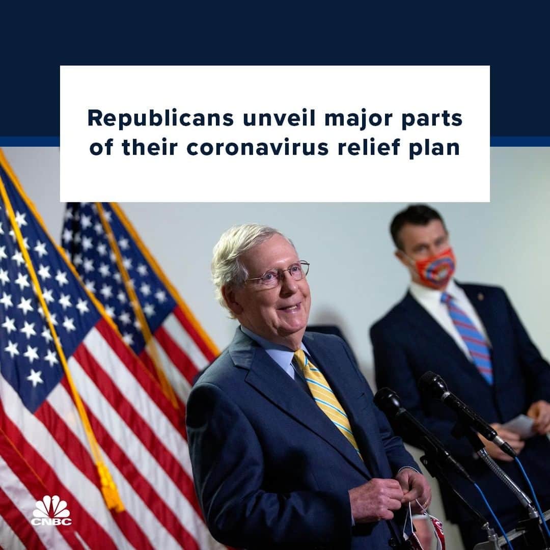CNBCさんのインスタグラム写真 - (CNBCInstagram)「Senate Majority Leader Mitch McConnell unveiled the Republican coronavirus relief plan on Monday. Here is what we know about the proposed bill.⁠ ⁠ The proposal includes wage replacement of 70% in extended unemployment benefits, replacing the $600 weekly enhancement. The plan also includes another round of $1,200 stimulus checks and $500 payments for dependents of any age. It would set aside $190 billion for Paycheck Protection Program loans and provide $105 billion to help schools reopen in the fall.⁠ ⁠ Congress is scrambling to respond to a pandemic still wreaking havoc across the country. The GOP hopes the plan will serve as a starting point in talks with Democrats on a bill that could pass both chambers of Congress. ⁠ ⁠ For now, the roughly 30 million people still receiving some form of unemployment insurance wait to see how quickly Congress will extend assistance — and whether it slashes benefits when it does.⁠ ⁠ Details on the proposal at the link in bio.」7月29日 1時02分 - cnbc