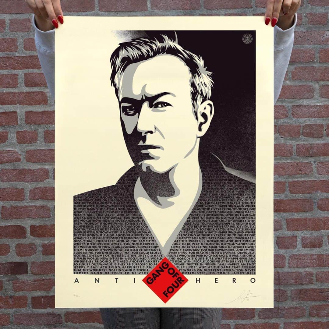 Shepard Faireyのインスタグラム：「ANDY GILL ANTI-HERO US AVAILABLE THURSDAY, JULY 30TH!⁠ ⠀⠀⠀⠀⠀⠀⠀⠀⠀⁣⁠ Gang of Four (@gangoffourofficial) has been a profound inspiration for me because the band demonstrates that great art can powerfully merge pleasure and intellectual provocation. I was devastated to hear of Andy Gill’s passing, but honored to make a portrait of him in the hope of creating an iconic image of one of my heroes—with apologies to Andy, to me he was a hero—to serve as a reminder that though life may be fleeting, Andy’s potent art and ideas will endure. -Shepard⁠ ⠀⠀⠀⠀⠀⠀⠀⠀⠀⁣⁠ Andy Gill Anti-Hero US. 18 x 24 inches. Screen print on cream Speckletone paper. Signed by Shepard Fairey. Numbered edition of 400. $75. Available on Thursday, July 30th @ 10 AM PDT at https://store.obeygiant.com/collections/prints. Max order: 1 per customer/household. International customers are responsible for import fees due upon delivery.⁣ Orders may be delayed due to COVID19. ALL SALES FINAL.」