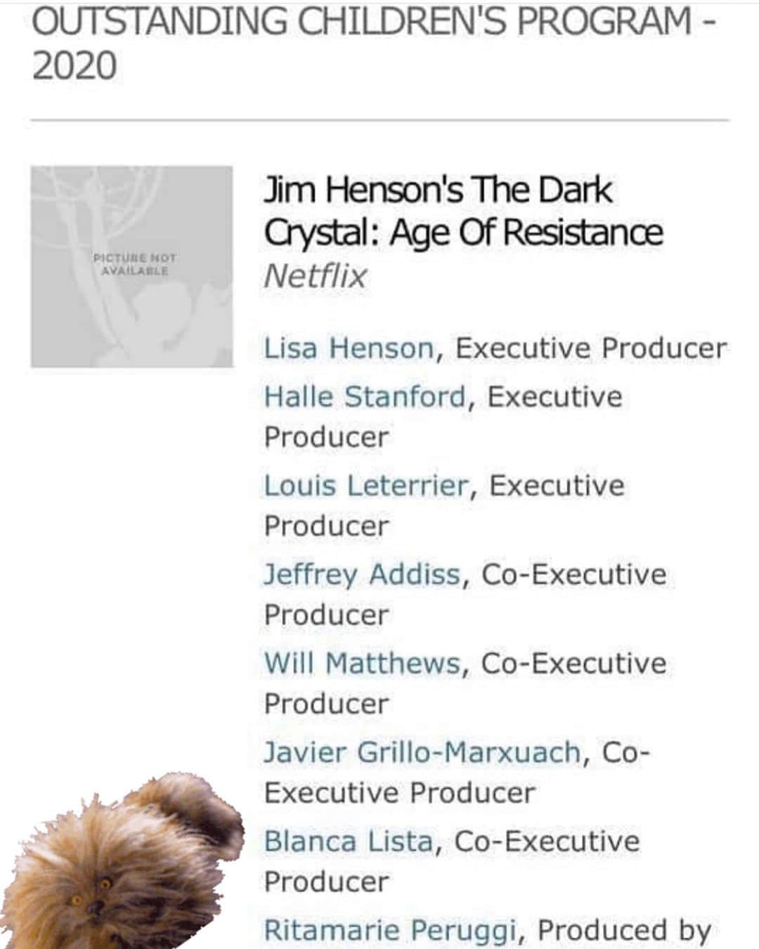 キャメロン・リチャードソンのインスタグラム：「Congrats to our team for the Emmy nomination. @darkcrystalofficial @netflix  So Proud 💫」