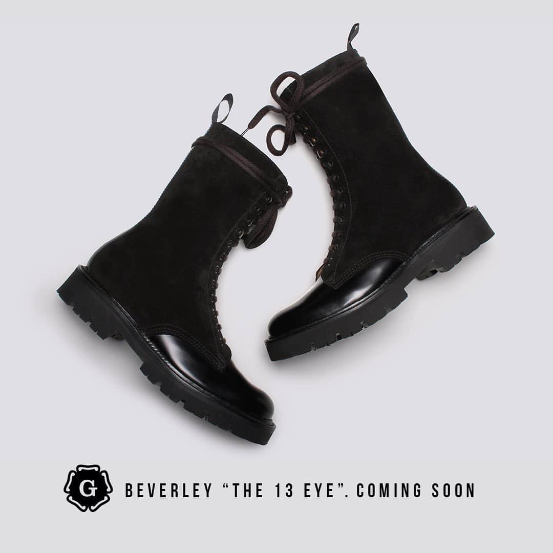 のインスタグラム：「Beverley. The 13 eye. Coming Soon. Be the first to know. A new, simple derby with 13 eyelets, she is tall, chunky and made skin to box in the Grenson Factory in Northamptonshire. Beverley comes in polished black bookbinder with a tonal suede leg. She has a tonal leather storm welt and a chunky but lightweight Commando sole. #newseason #comingsoon #bethefirsttoknow #grensongirls #grenson #grensonboots #thegoodshoe」
