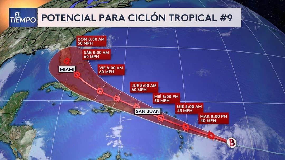 Despierta Americaさんのインスタグラム写真 - (Despierta AmericaInstagram)「@alberteltiempo informa ・・・ ¿Qué es el potencial para ciclón tropical número 9?  📌 una perturbación que puede desarrollarse muy deprisa 📌 puede generar mucha lluvia en Puerto Rico, islas Vírgenes y la Española 📌 puede afectar el sur de la Florida con lluvia, viento y oleaje」7月29日 5時18分 - despiertamerica