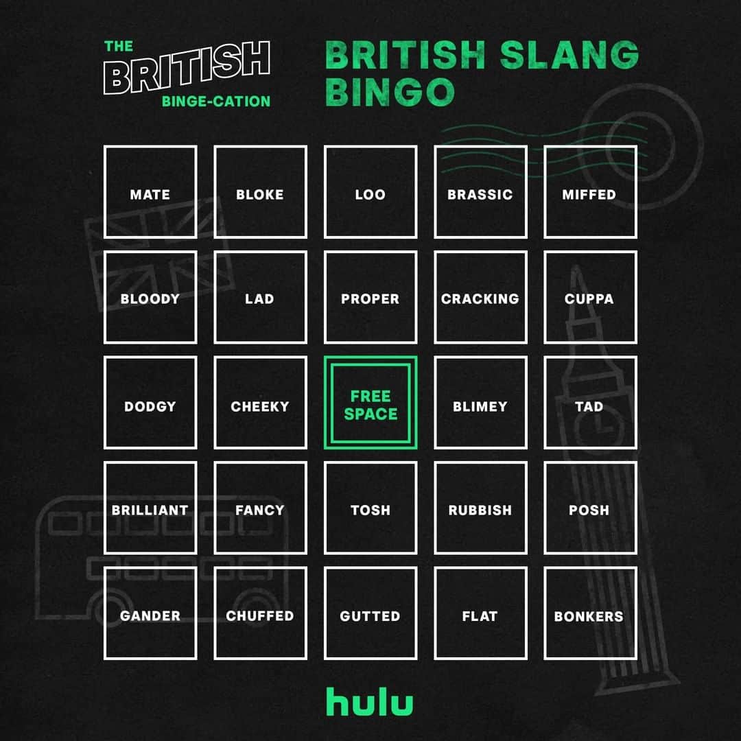 Hulu Home of Emmy-winningさんのインスタグラム写真 - (Hulu Home of Emmy-winningInstagram)「Now THIS is a bloody good bingo card. 👌 #BritishBingecation」7月29日 6時00分 - hulu