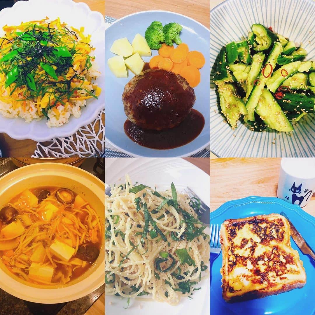 諏訪彩花のインスタグラム：「最近作ってみたごはん大集合❣️ 中でもハンバーグは今まで作った中で一番美味しくできて嬉しかったよ😊 ちらし寿司は、うちはいつも桃屋さんにお世話になってます🍑#おうちごはん」