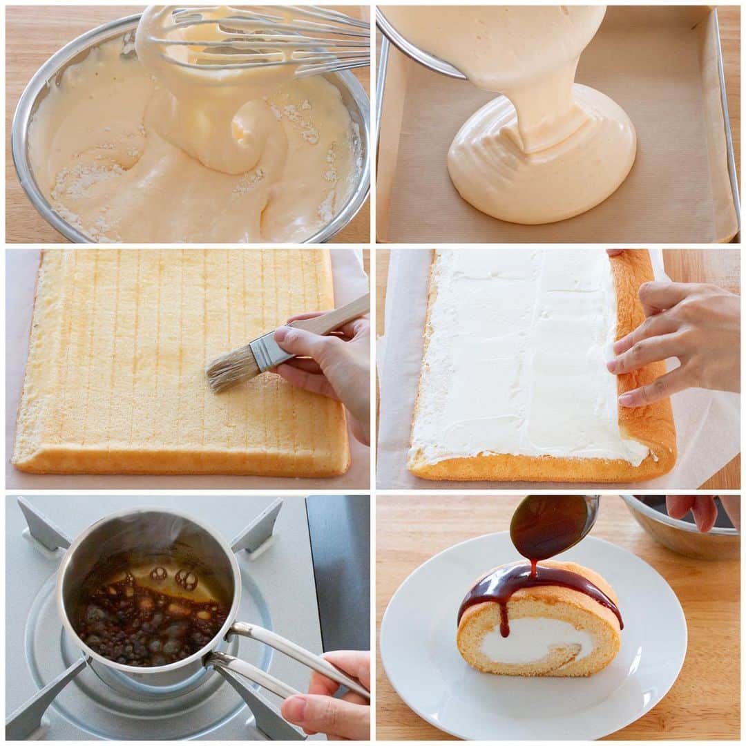 marimoさんのインスタグラム写真 - (marimoInstagram)「【レシピあり】Caramel roll cake﻿ ほろ苦キャラメルのロールケーキ﻿ 工程写真です♫﻿ ﻿ シンプルなロールケーキに﻿ キャラメルクリームの組み合わせが美味です♡﻿ ﻿ 共立ての生地って少し難しいですよね…﻿ 泡立て加減とか、混ぜ加減とか。﻿ ﻿ 富澤商店﻿ ﻿ @tomiz_by_tomizawashouten  のWEBサイトにてレシピを公開中です。﻿ 工程写真も多く載せたので、﻿ コツが伝わったら嬉しいです♫﻿ ﻿ …﻿ ﻿ ﻿ 雨の日は身体が重くて﻿ なかなか思うように動けなくて…🤰﻿ ﻿ 好きなだけ寝れるのは今のうち﻿ と友達に教えてもらったので、﻿ ここぞとばかりに寝てます💤﻿ ﻿ たくさん寝るとスッキリ！﻿ (*´꒳`*)﻿ ﻿ …﻿ ﻿ ﻿ 今日は、﻿ テーブルフォトの講座（写真講座）の﻿ 計画を立ててました📷﻿ ﻿ コロナ禍と、私の妊娠のため﻿ 対面レッスンが暫くできないので、﻿ オンラインで開催しようと思っています💡﻿ ﻿ ﻿ 自分好みの写真を、思い通りに撮れると、﻿ 本当〜に楽しいし、人生が変わります✨﻿ 私は変わりました✨﻿ ﻿ レッスンがいつも満員御礼なのも﻿ たくさん仕事の依頼が来るのも﻿ 写真技術があってこそ…💡﻿ ﻿ ﻿ そんな喜び、楽しさの素を﻿ みなさんと共有できたら楽しいだろうな♫﻿ と思ってます。﻿ ﻿ ﻿ お菓子作りも、写真撮影も、﻿ 私の発想はいつも同じ…﻿ ﻿ 「こんな簡単なことなんだよ〜」﻿ 「ね〜この通りやってみて！」﻿ 「ほらね、美味しいでしょ？上手く撮れたでしょ？」﻿ (=´∀｀)人(´∀｀=)﻿ ﻿ ﻿ こんな風に、﻿ 伝えたい気持ちがウズウズしてるのです♫﻿」7月29日 21時12分 - marimo_cafe