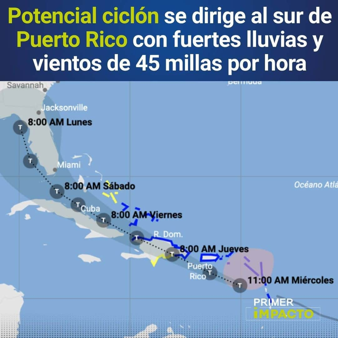 Primer Impactoさんのインスタグラム写真 - (Primer ImpactoInstagram)「Potencial #ciclón se dirige al sur de #PuertoRico con fuertes lluvias y vientos de 45 millas por hora.  Se anticipa que se fortalezca en la noche de este miércoles y, eventualmente, se debilite al tocar tierra.   Aunque puede volver a cobrar fuerza más adelante en la semana.   👉🏼 En el link de nuestra biografía puedes seguir su trayectoria en vivo.   #PrimerImpacto.」7月30日 0時43分 - primerimpacto