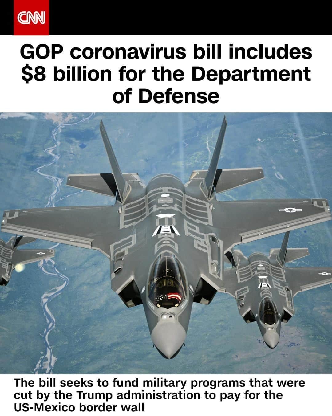 CNNさんのインスタグラム写真 - (CNNInstagram)「The Republican coronavirus response bill includes $8 billion for the Department of Defense, including funds for military programs that were cut by the Trump administration to pay for the US-Mexico border wall. The bill also proposes trimming federal unemployment benefits from $600 to $200 per week. To see more of the differences between the Democratic and Republican stimulus bills, tap the link in our bio. ⁠ (📸: Staff Sgt. Madelyn Brown/USAF)」7月30日 3時01分 - cnn