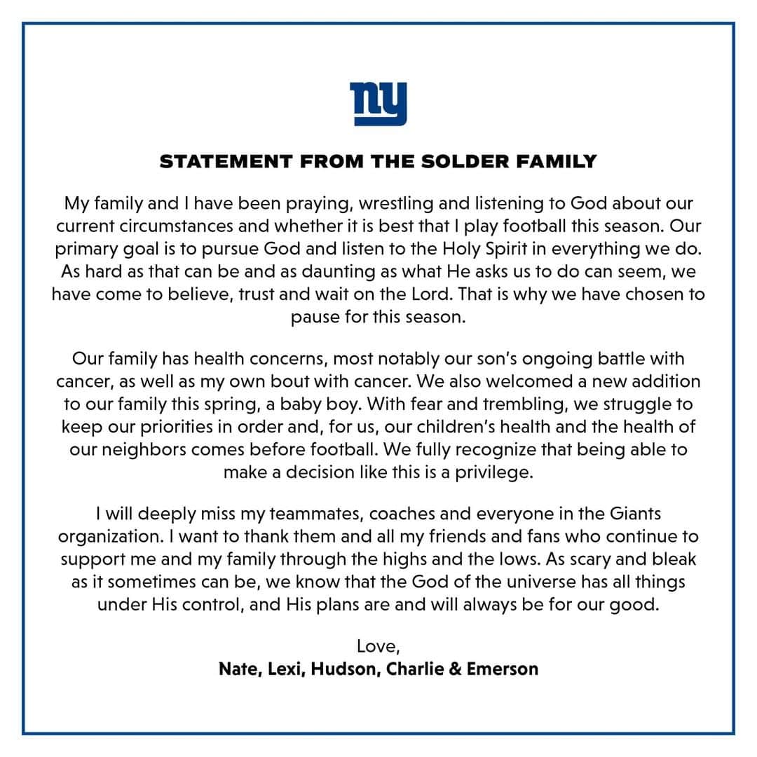 New York Giantsさんのインスタグラム写真 - (New York GiantsInstagram)「Nate Solder has opted out of the season」7月30日 4時28分 - nygiants