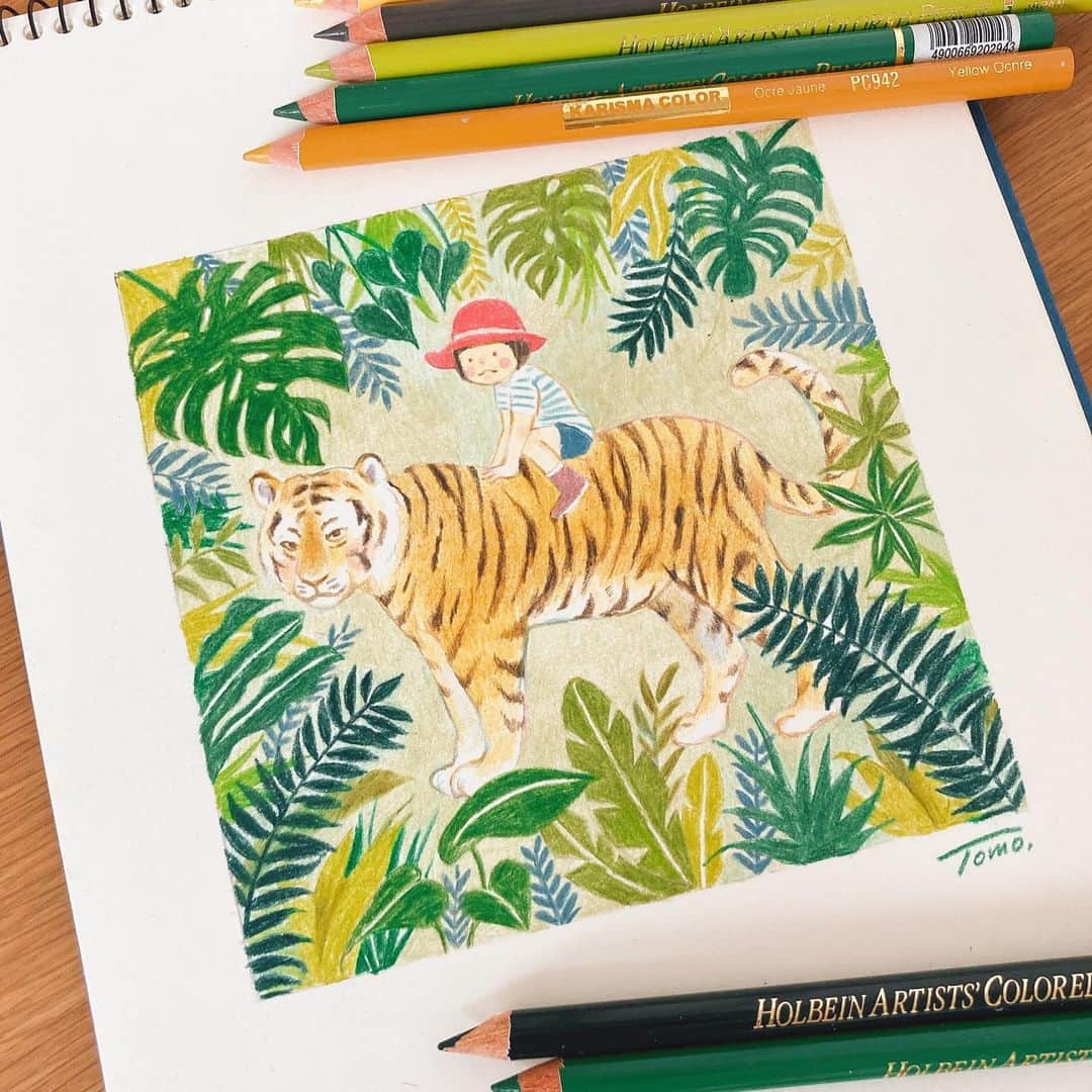 Tomoko Shintaniのインスタグラム：「Go to 妄想トラベルキャンペーン③ 久しぶりに色鉛筆でジャングルへ…🐯 . #karismacolor #holbeinartistscoloredpencil #tokomo #tiger #jungle #どこかいきたーい」