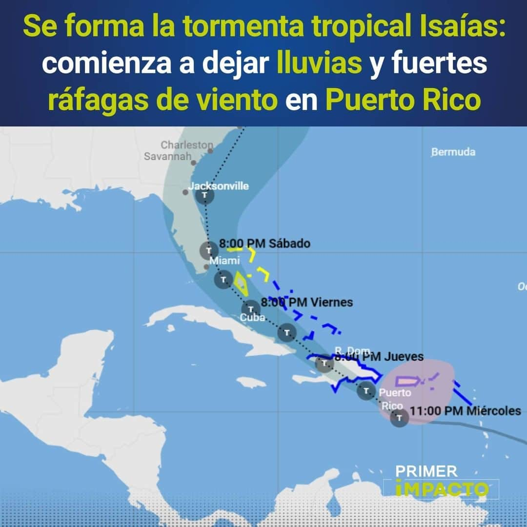 Primer Impactoさんのインスタグラム写真 - (Primer ImpactoInstagram)「El Centro Nacional de Huracanes anunció la formación de la tormenta tropical #Isaías, que se mueve por el #Caribe.   Lleva unos vientos máximos sostenidos de 50 mph (85 km / h) y ha dejado lluvia y ráfagas de viento en #PuertoRico.  Algunas zonas podrían registrar acumulaciones de agua de hasta 10 pulgadas.  "El sistema pasará al sur de Puerto Rico más tarde esta noche, cerca o sobre La Española este jueves y cerca del este de Cuba y el sureste de las Bahamas este viernes", comunicó el Servicio Nacional de Meteorología.  Sigue el trayecto de la tormenta en el link de nuestra biografía.  #PrimerImpacto.」7月30日 12時28分 - primerimpacto